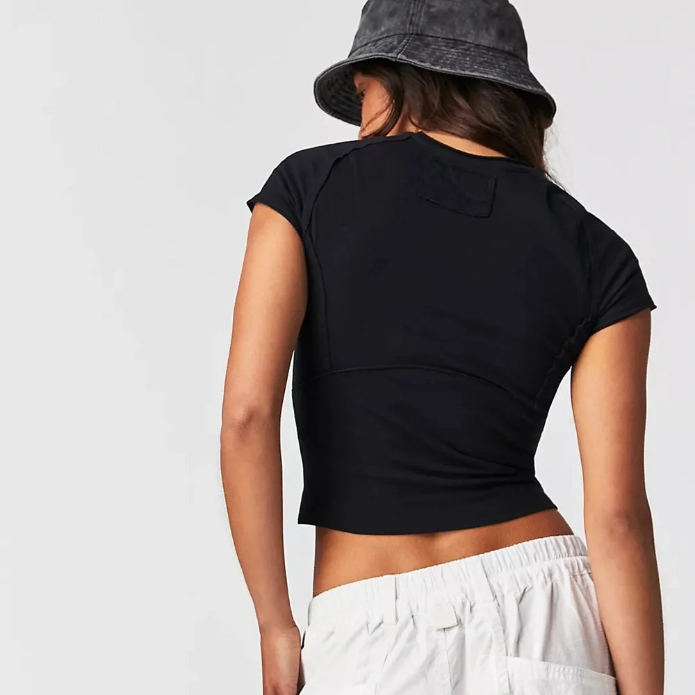Free People Black Short Sleeve Fitted Crop Tee